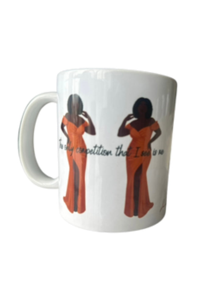 White mug with black and orange design of a woman on a white background